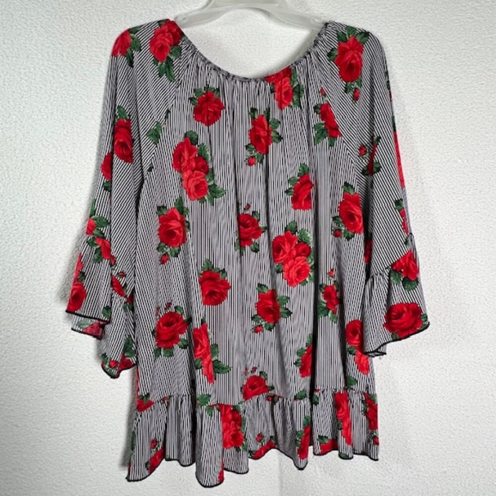 FREE KISSES Casual Blouse Women Scoop Neck Stripes & Roses Tunic Plus Size 3X - Picture 3 of 6